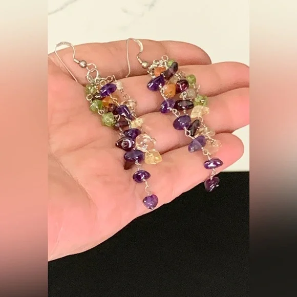 Pretty 925 Sterling Silver Multi Color Gemstone Dangling Earrings - Picture 6 of 12